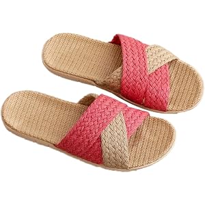 Bagkeak Casual Cross Linen Slippers for Unisex Soft Woven Open Toe House Shoe with Flat Sole for Indoor Home Daily