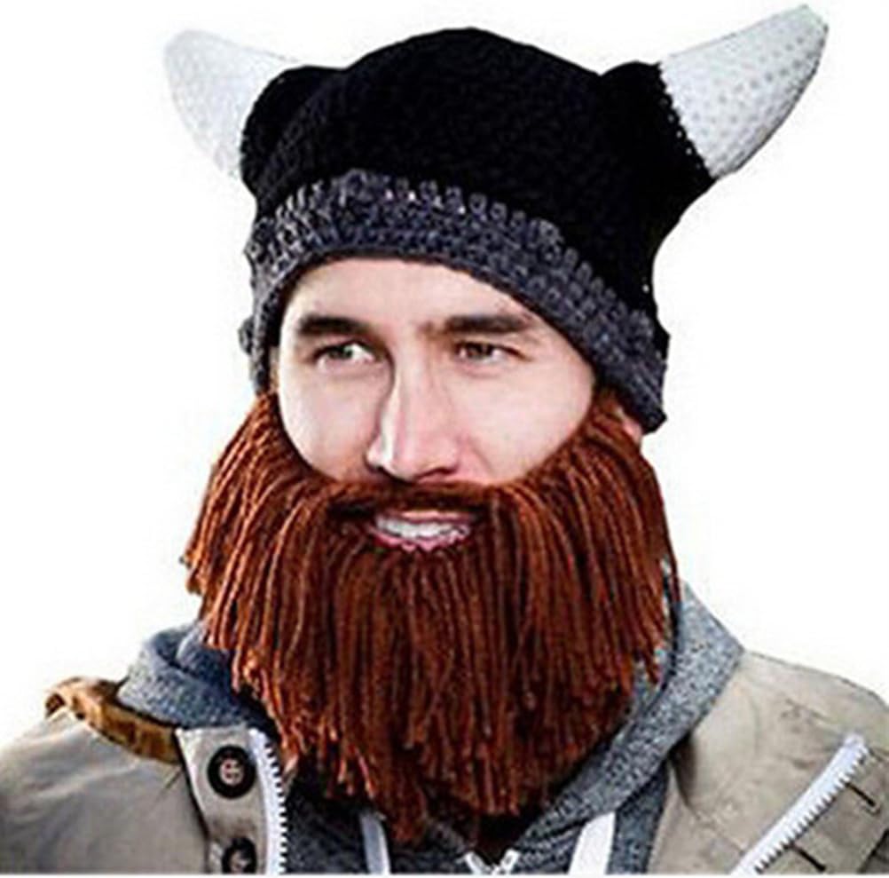 Maibar Viking Style Hat Big Beard Handmade Knitted Warm Cap Halloween Funny Cap False Party Decoration (Brown)