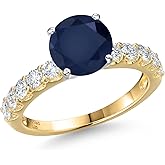 Gem Stone King 14K 2 Tone Gold Blue Sapphire and Lab Grown Diamond Engagement Ring For Women | 3.11 Cttw | Round 8MM | Gemstone September Birthstone