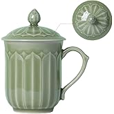 Tingyework Porcelain Lotus Tea Cup with Lid and Handle, 12 oz Unique Coffee Mug, Microwave Dishwasher Safe, Gifts for Women and Men, Aesthetic Chinese Celadon 1 Pack (Kiwi Green)