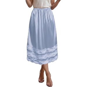 Women's Satin Midi Half Slip, Anti-Static Underskirt with 3-Tier Lace Trim, Elastic Waist Under Dress for Daily Wear