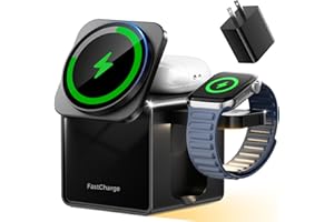 LIKZEST 3 in 1 Charging Station for Apple, 15W Fast Magnetic Wireless Charger Station with Night Light, Travel Accessory Mag-Safe Stand for iPhone 17 16 15 14 13 12 - Apple Watch - AirPods(Adapter Included)