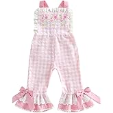 Lucikamy Baby Girls Birthday Jumpsuit Overalls Sleeveless Goose/Strawberry Embroidery Bell Bottom Romper Cake Smash Clothes