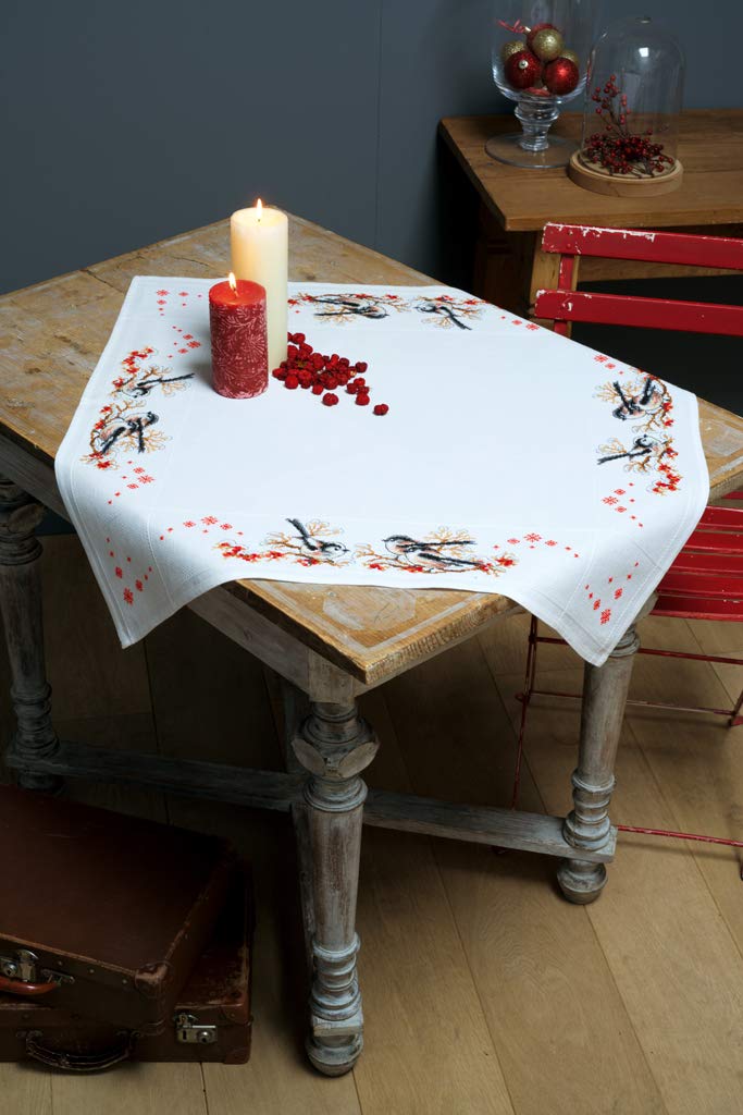 Vervaco Counted Cross Stitch Kit: Tablecloth: Long-Tailed Tits & Red Berries, Cotton, NA, 80 x 80cm