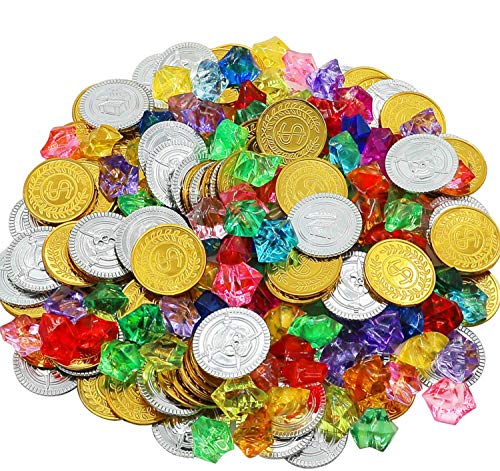 HEHALI 320pcs Pirate Toys Gold Coins and Pirate Gems Jewelery Playset, Treasure for Pirate Party (160 Coins+160 Gems) (Gold)