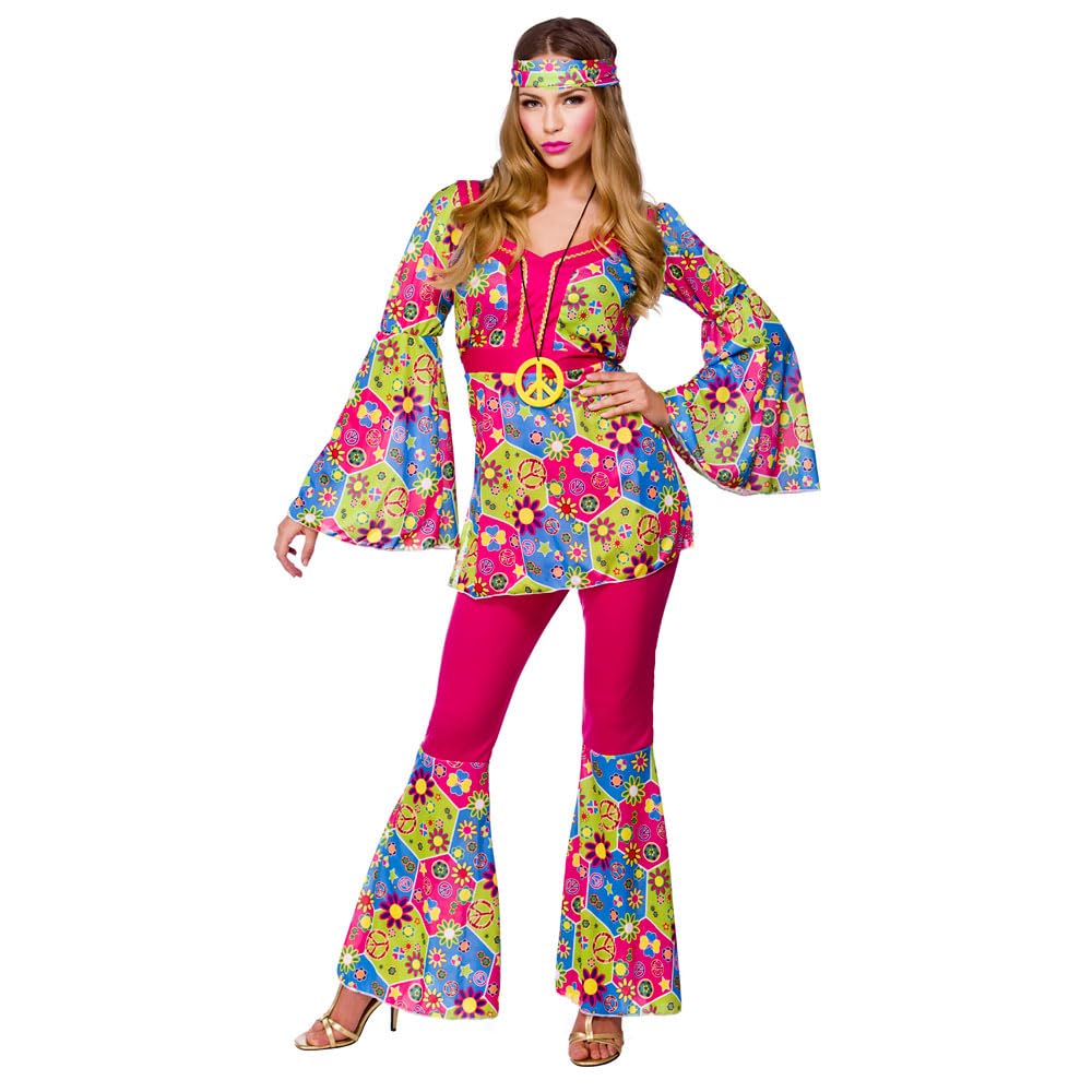 Wicked Costumes Women’s 60s 70s Hippie Fancy Dress Costume – Retro Festival Themed Party Outfit - Medium (UK 14-16)