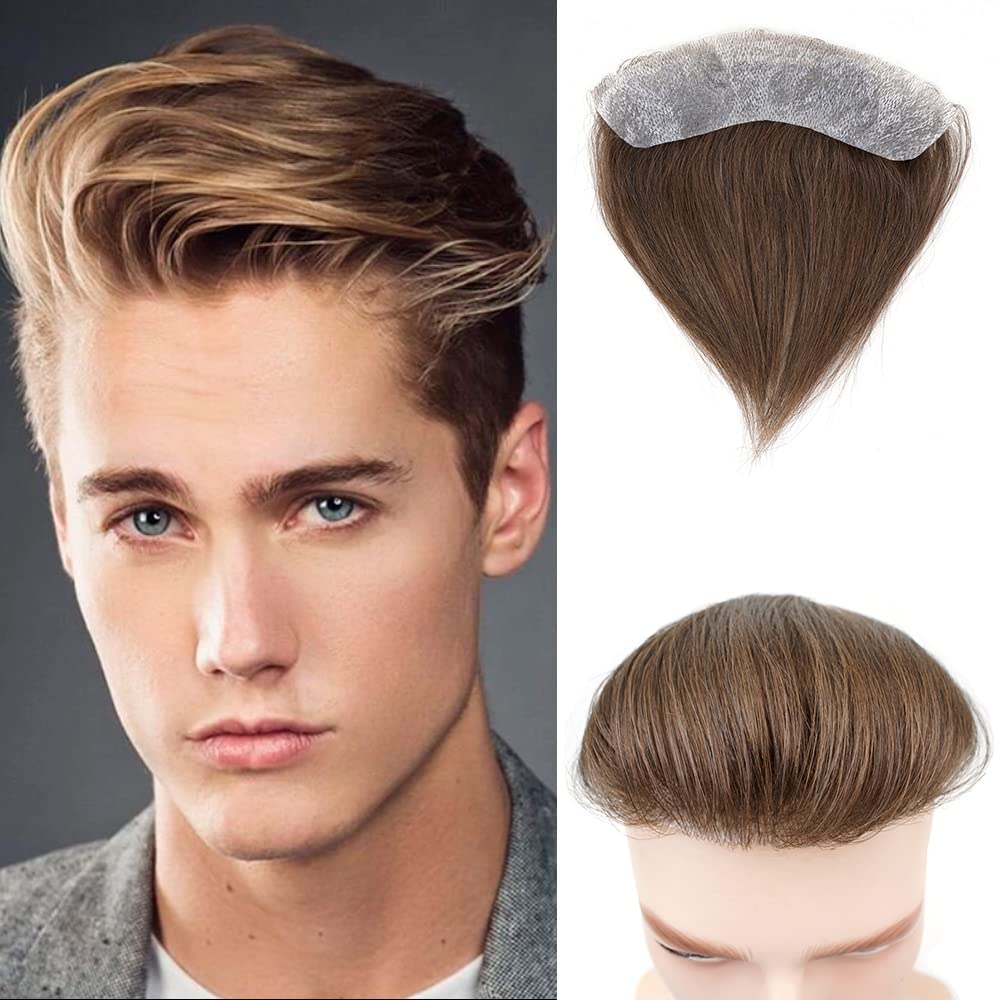 Lordhair V-Shape Frontal Hairpiece for Men, Natural Human Hair System with PU Thin Skin for Receding Hairline Coverage