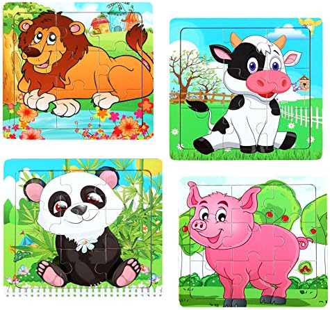 WELLSKEY Wooden Peg Puzzles Set of 4 (Cow, Leo, Panda, Pig)