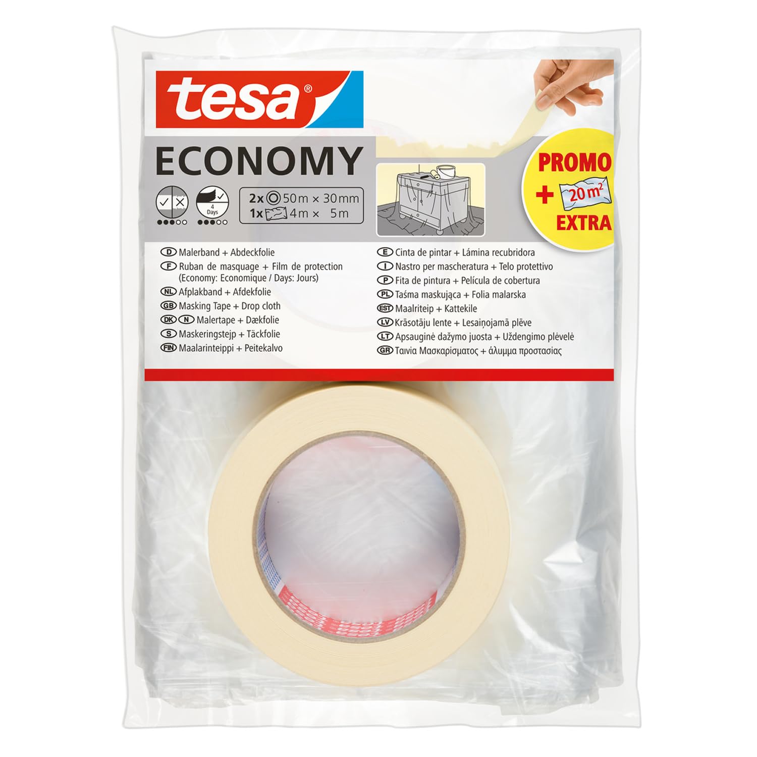 tesa Masking Tape Economy EcoLogo - Painters Tape, 4 Days Residue-Free Removal, Without Solvent - Narrow, 2X 50 m x 30 mm Plus Drop Cloth