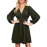 EZAPINE Women Corduroy Mini Dress V Neck A-Line Button Up Puff Sleeve Winter Fall Spring Dresses for Women