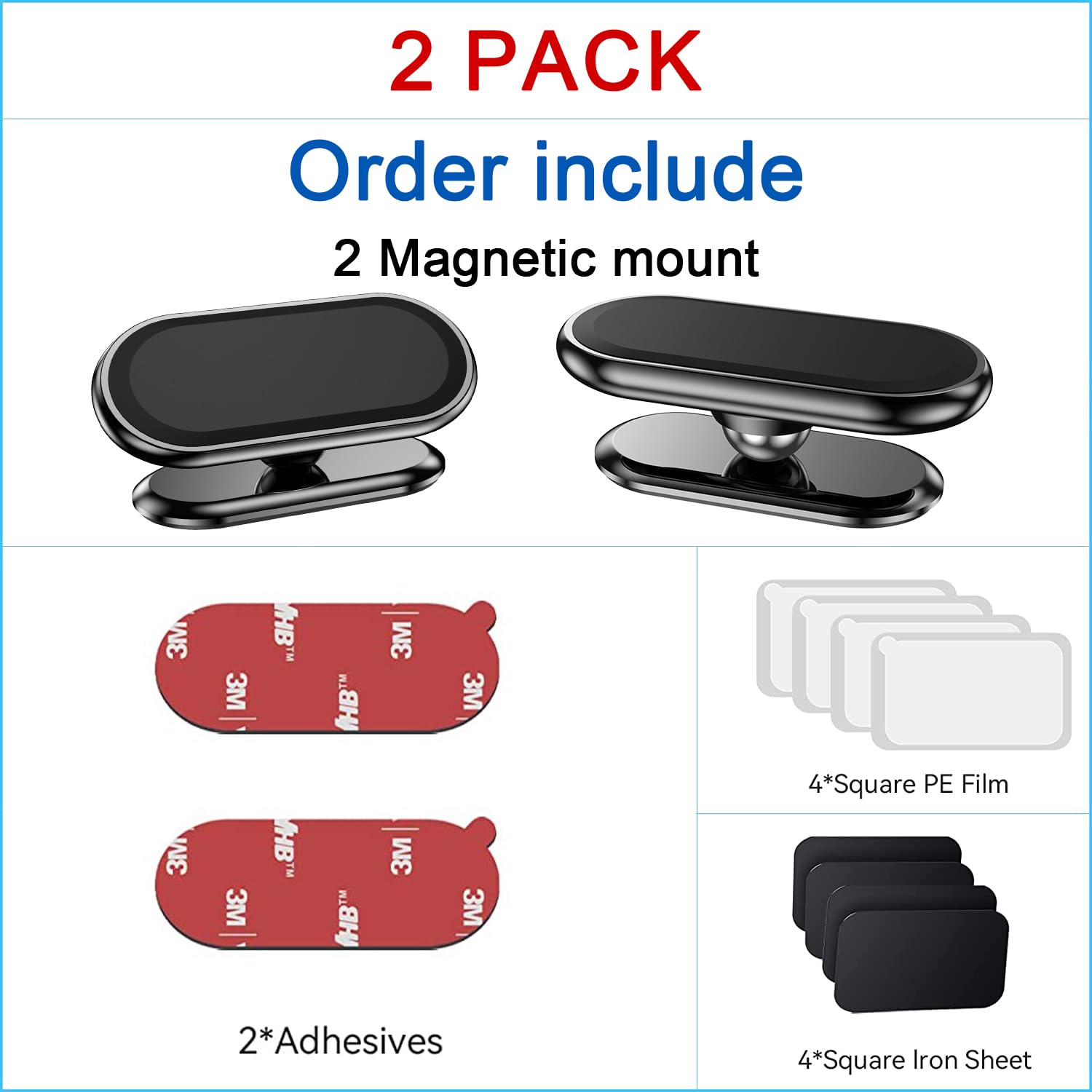 【2-PACK】Magnetic phone holder for car, [ Super Strong Magnet ] [ with 4 Metal Plate ] cell phone carmount for iPhone Magnetic [ 360° Rotation ] Universal Dashboard adhesive Car Magnetic Phone Mount