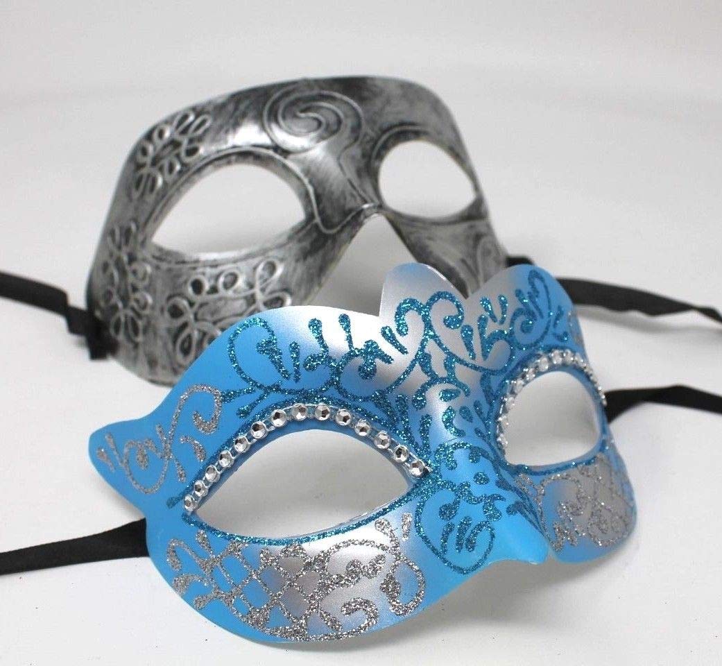 HIS N HERS PAIR OF CO-ORDINATED SILVER & TURQUOISE COUPLES VENETIAN MASQUERADE CARNIVAL PARTY BALL EYE MASKS