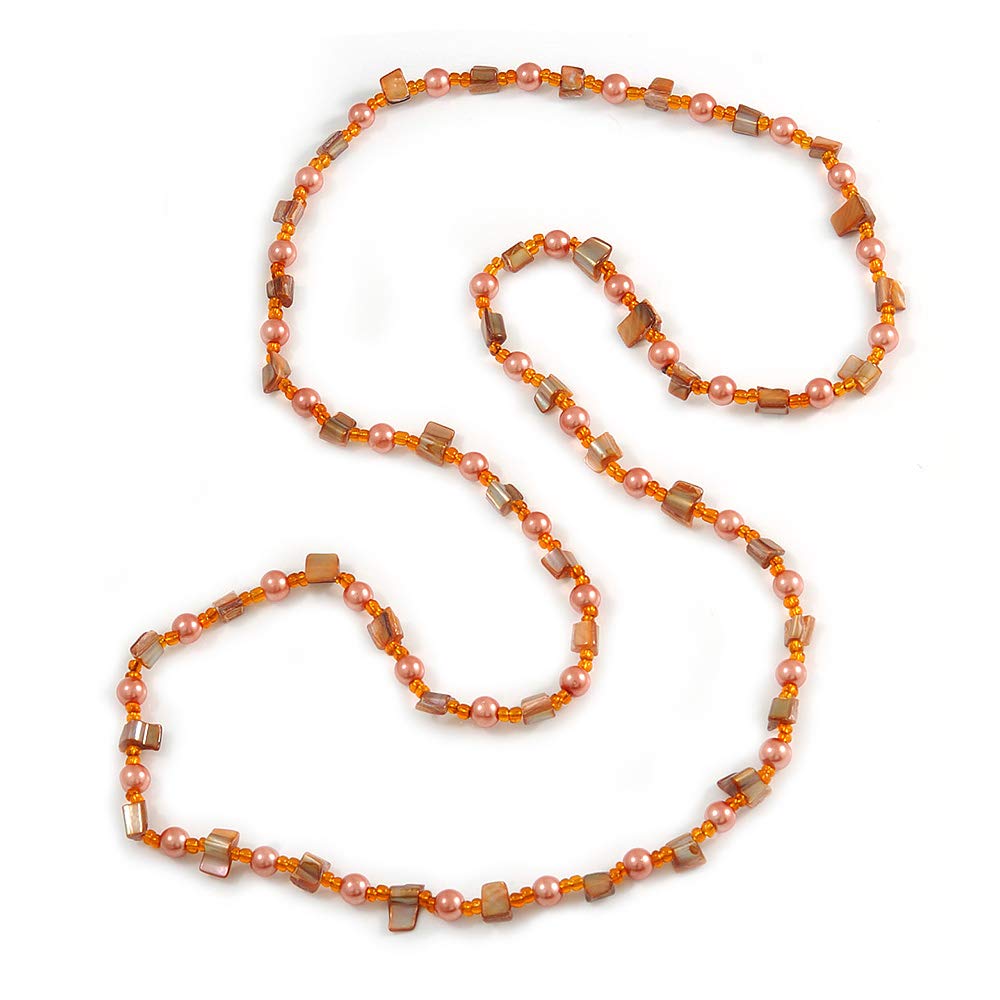 Avalaya Long Peach Glass and Orange Shell Bead Necklace/ 106cm Long