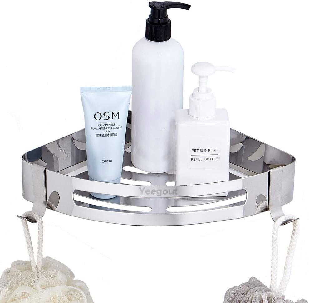 Yeegout Adhesive Bathroom Corner Shelf with 2 Removable Hooks, No Drilling Stainless Steel Shower Caddy Storage Basket for Kitchen
