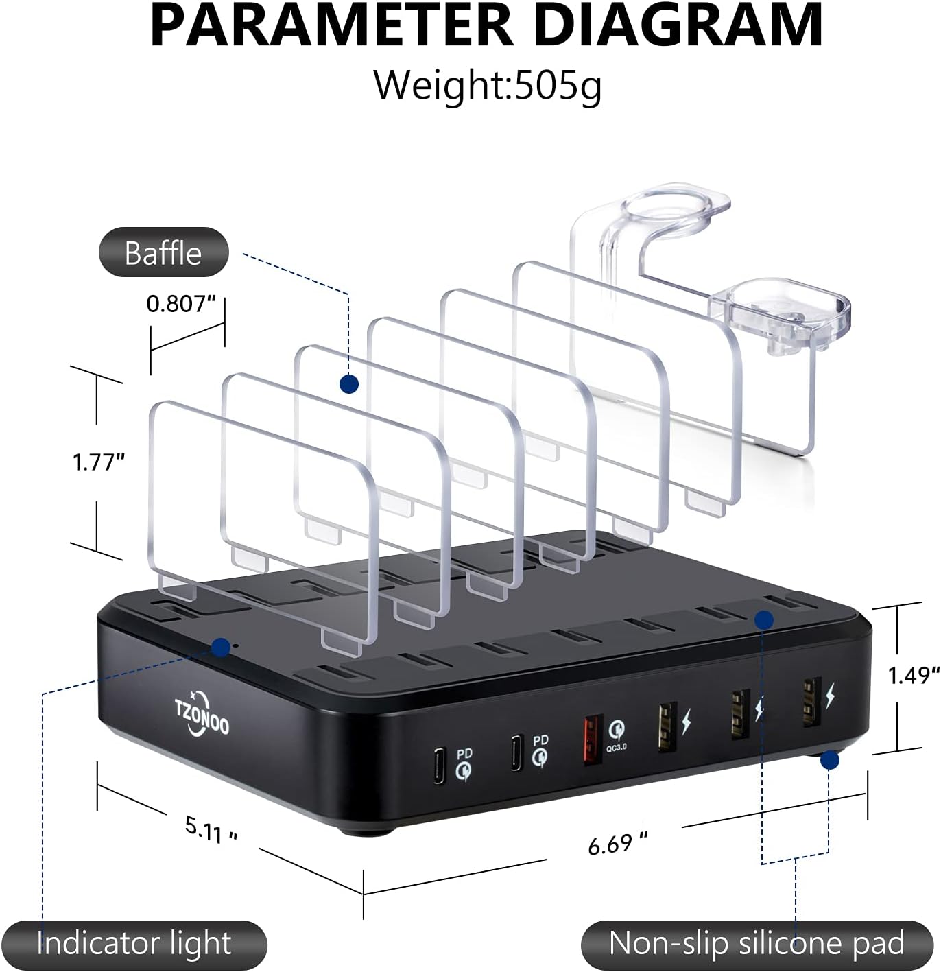 TZONOO 2PD 84W USB Charging Station 6 USB Ports Fast Multi Charger Stand Organizer Heavy Duty Dividers for Cell Phones Tablets Smartphones Electronics for iPhone 12/11 Apple Andiro Home Office(Black): Electronics