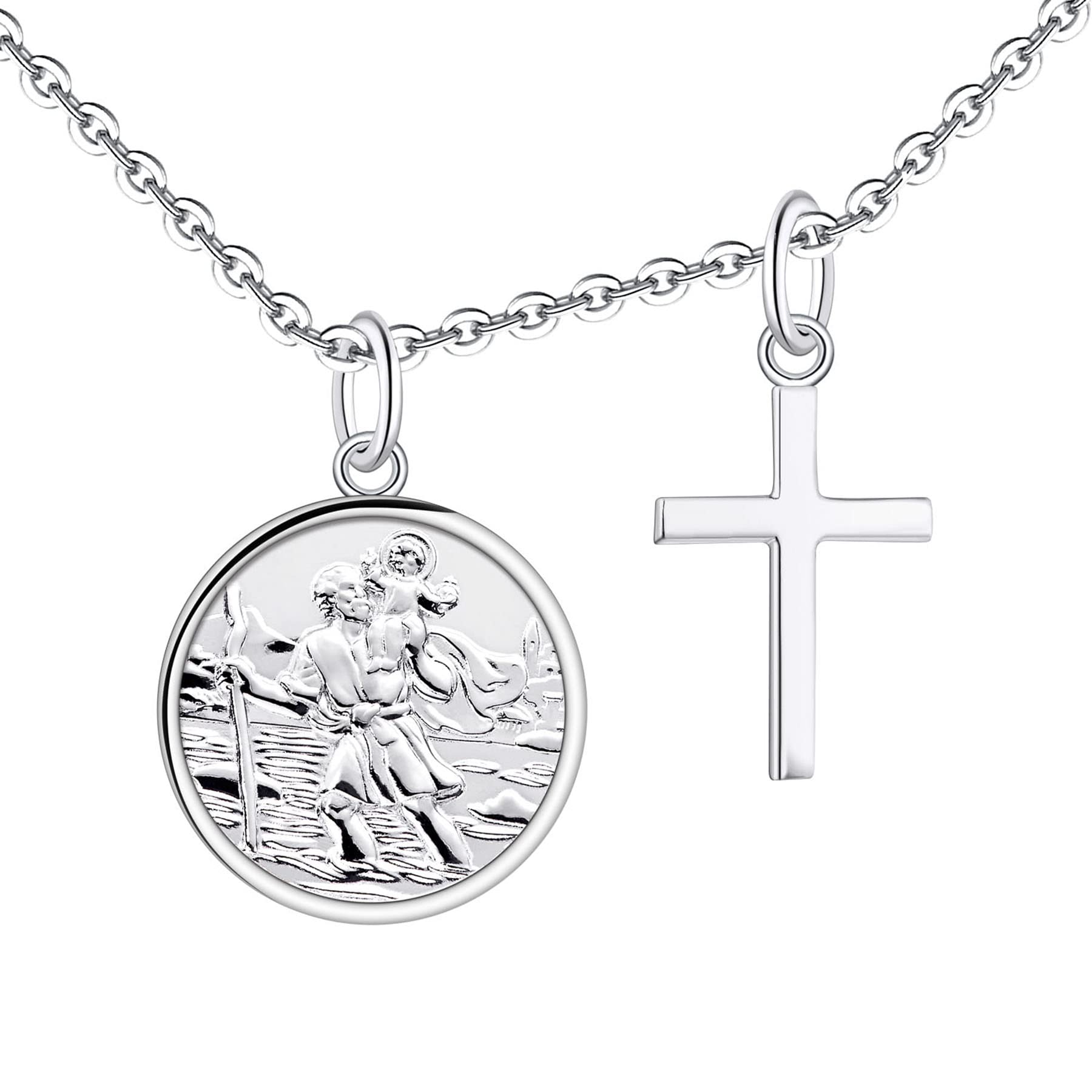 FJ Saint Christopher Pendant Necklace 925 Sterling Silver for Women Men Boys St Christopher Necklace with Cross 18" Chain — image 1