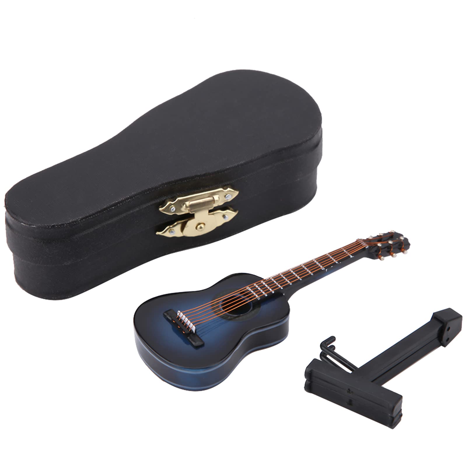 Miniature Guitar Model Wooden Musical Instrument Display with Stand Support and Case Dollhouse Accessories Small Craft Ornaments Home Decor (#01)