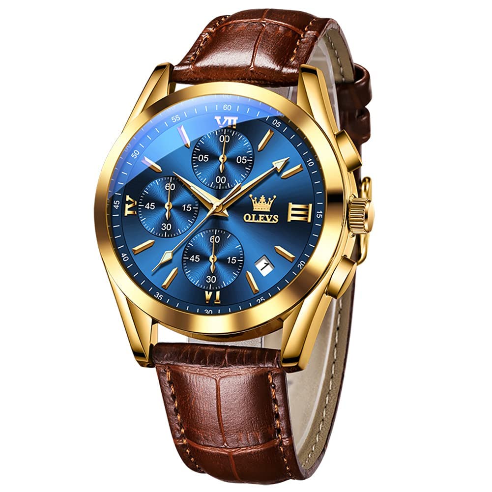 OLEVS Watch for Men Chronograph Brown Leather Strap Classic Fashion Analog Quartz Big Dial Casual Waterproof Luminous Wrist Watches
