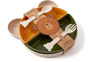 Tucklebery Buddy Toddler Plates and Bowls Set | 1 Bear Plate + 4 Bowls + Cutlery | Dinnerware Set for Baby and Children | BPA Free - Eco Friendly - Not Smell (Beige Yellow Green)