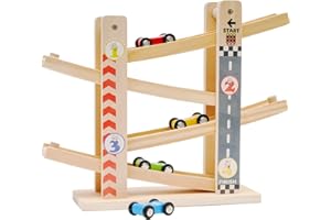 AOMOLA Montessori Toy for 1 2 3 Year Old Boys and Girls, Wooden Car Race Ramp, Race Car Track Toy for Toddlers with 4 Mini Cars, Preschool Wooden Toys for Age 3+