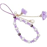 Omorro Crystal Flower Pendant Keychains Beaded Phone Strap Lanyard Anti-Lost and Non-Slip Mobile Phone Strap for Handbag Decoration Accessories Purple