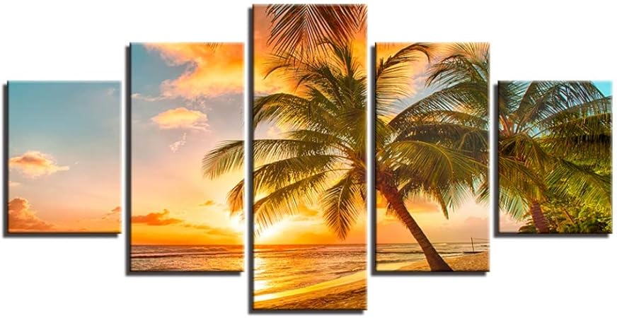 Bonniegj Toile Peintures Decor A La Maison 5 Pieces Coucher Du Soleil Plage Vague Palmiers Arbres Paysage Marin Affiches Chambre Mur Art Hd Prints Images Cadre Amazon Fr Cuisine Maison