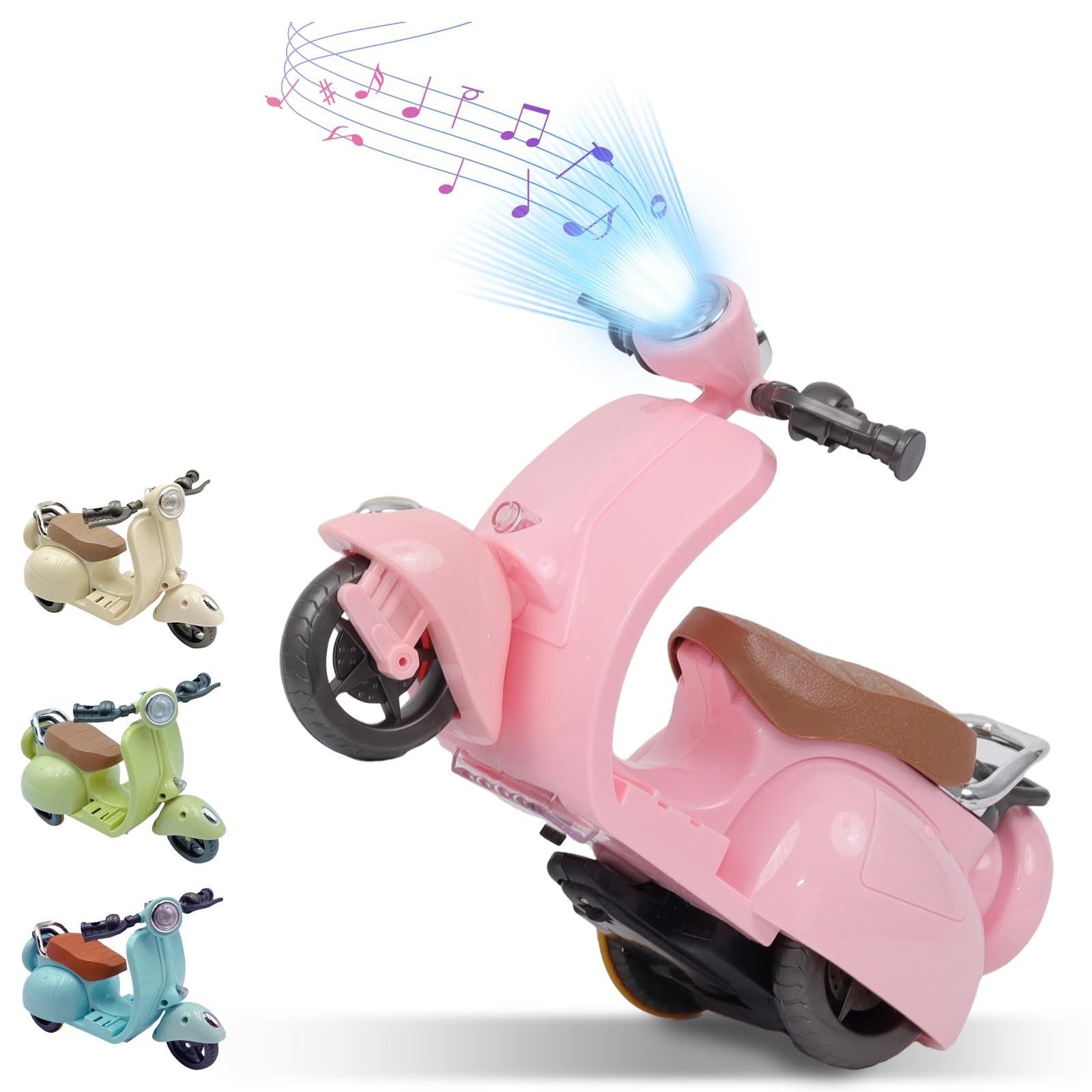 Photo 1 of Doll Electric Scooter with 360° Rotating Lights & Music 5 Color LED Lights Cute Motorcycle Toy for Dolls, Doll Vehicle Desktop Decor (Pink)