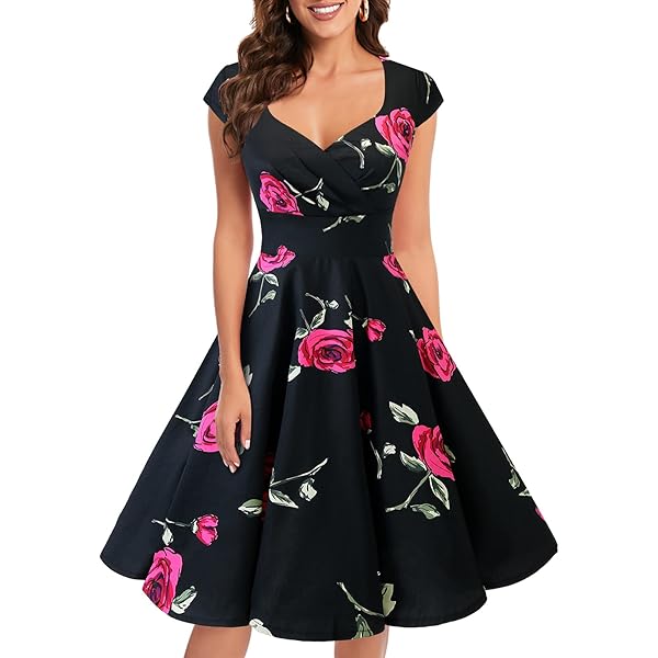 Robe De Cocktail Femme Mi-Longue à Manches Courtes - Style Vintage Rockabilly - Pour Mariage, Soirée