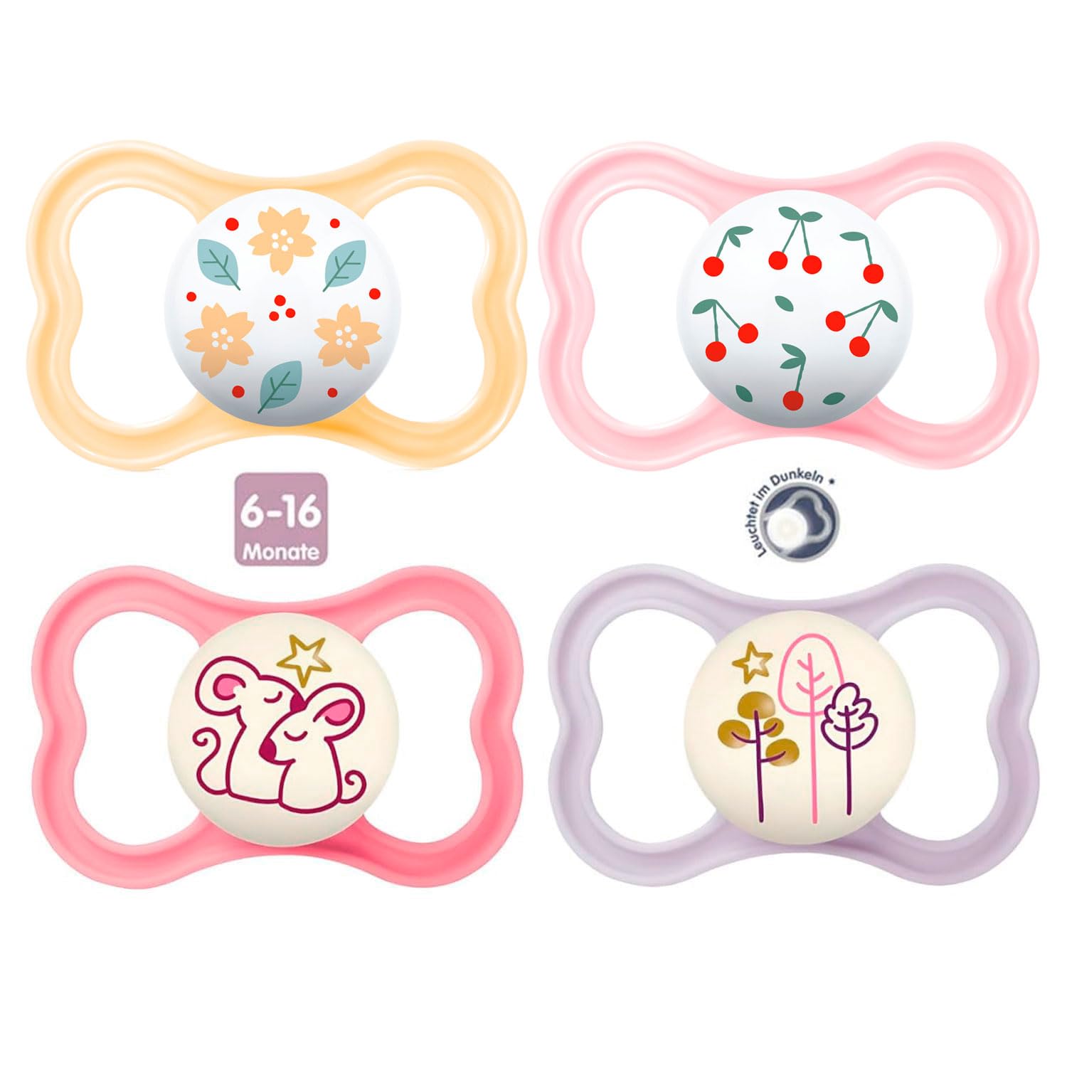 Mam Day & Night Mam Air Silicone Dummy, 6-16+ Mam Air Night Uni Mix, set of 4 including 2 sterilised transport boxes.