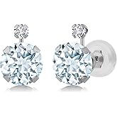 Gem Stone King Round Sky Blue Aquamarine White Diamond 1.57 Ct 14K White Gold Earrings