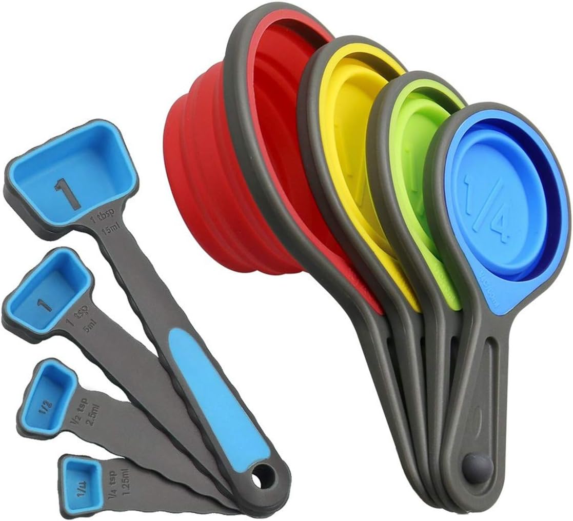 Collapsible Silicone Measuring Cups & Measuring Spoons - set 8psc Silicone Mesuring Cup and Collapsible Spoon - Great for Camping and Pet Food (Blue)