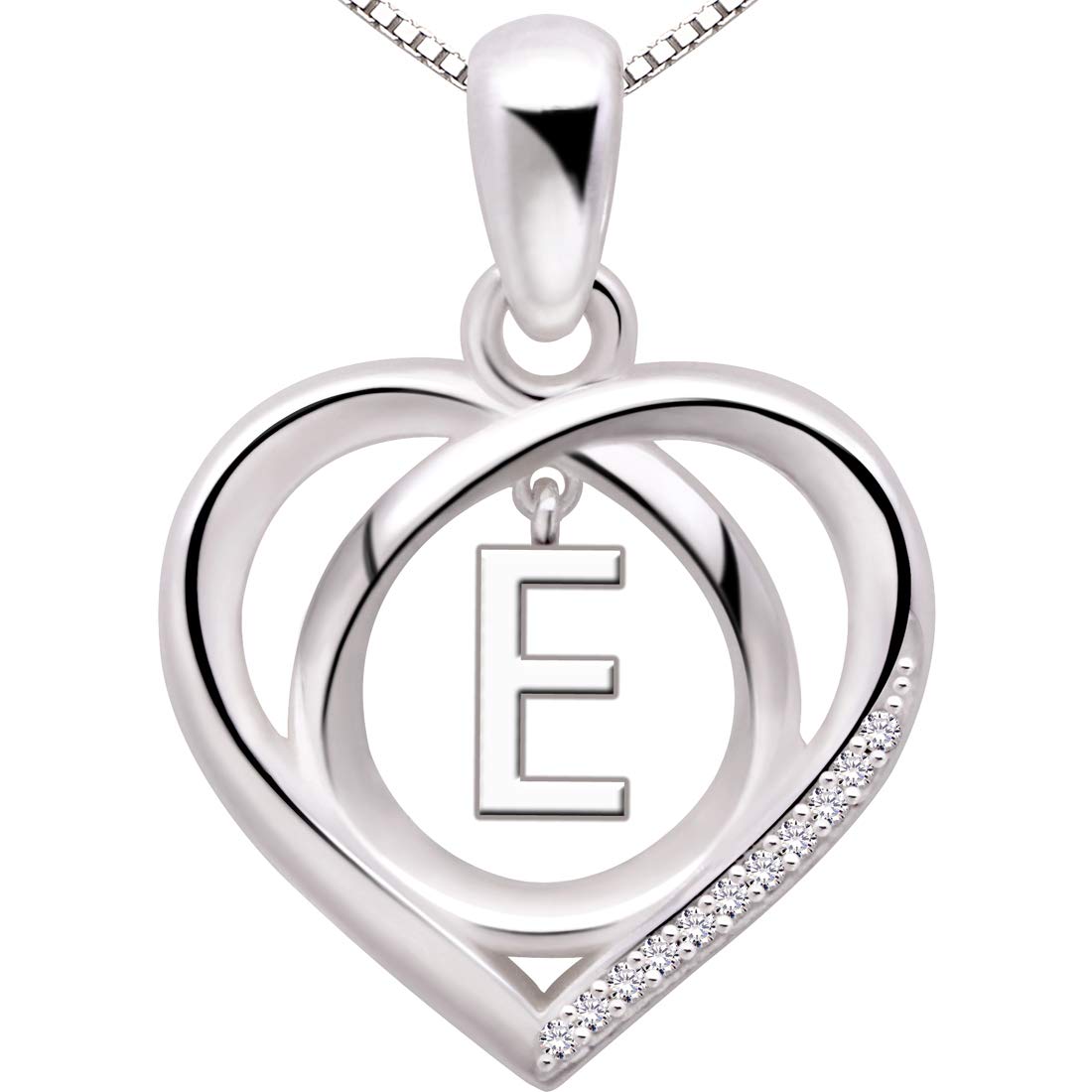 ALOV Jewelry Sterling Silver Initial E Letter Alphabet Love Heart Cubic Zirconia Pendant Necklace — image 1