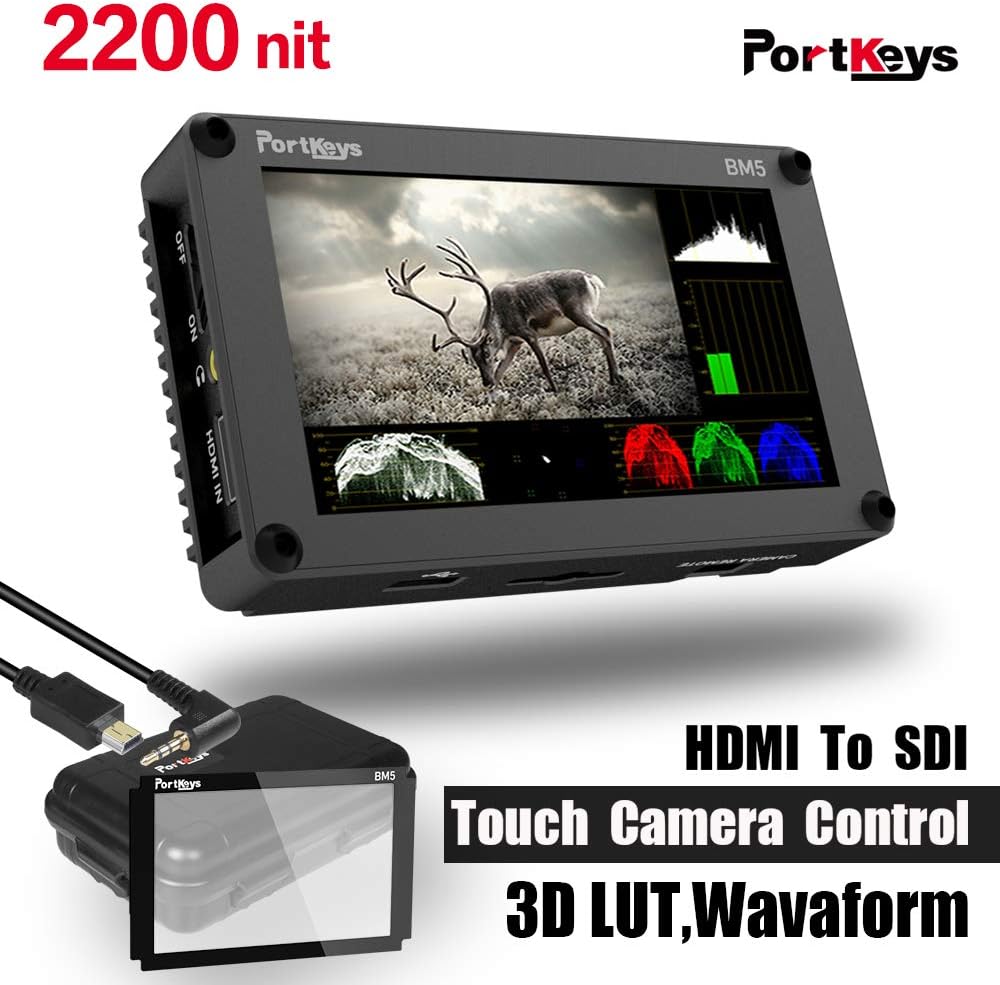 PortKeys BM5 5.2 Inch Ultra Bright 2200nit 3G SDI/4K HDMI Touch Screen DSLR Camera Field Monitor with 3D LUT,Wavaform,Camera Control Functions ,On-Portable Small Monitor
