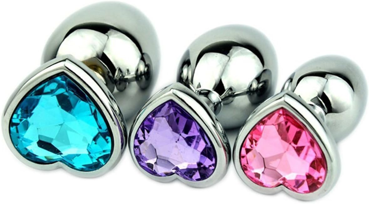 HuanSU Luxury Gem Heart Jeweled Stainless Steel P~lu~g Análes 3Pcs (Purple+Pink+Blue)