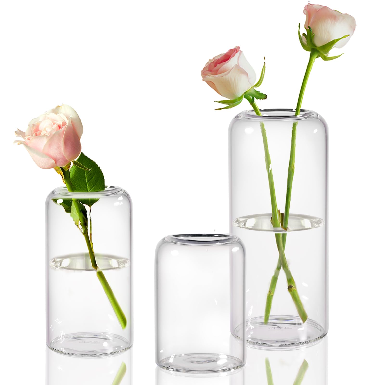 ZENS Small Fower Vase Set of 3, Stunning Bud Vases for flowers, Clear Glass Bud Vase for Wedding Party Centerpiece, Modern Blown Thicker Tube Flower Vases For Living Room Table, Home Decor