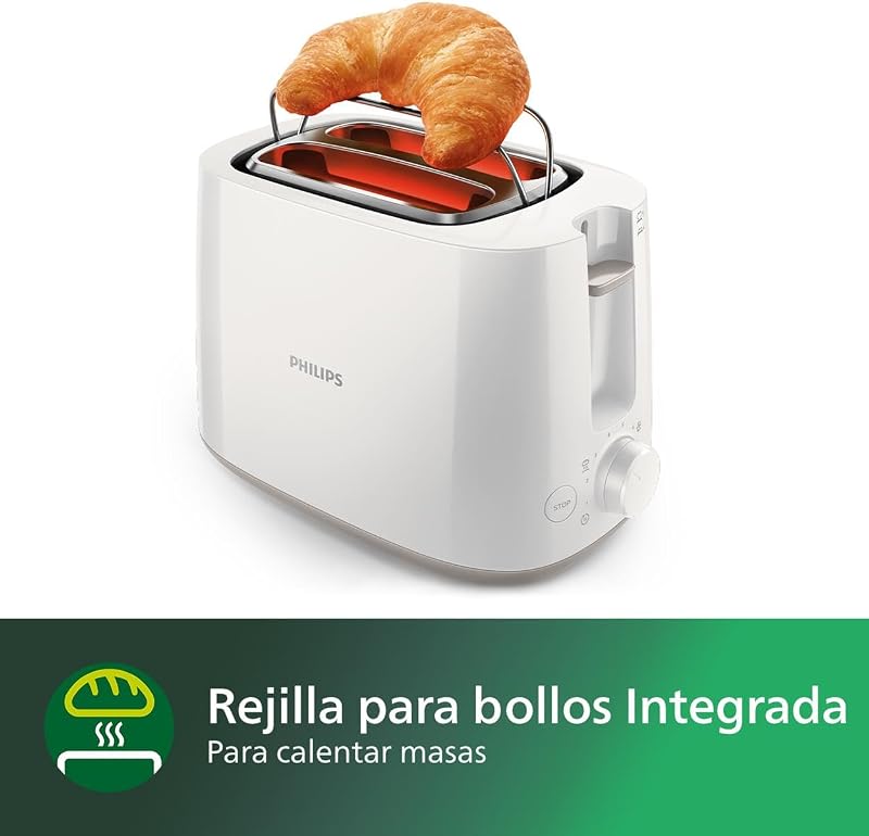 Tostadora de pan 2 Ranuras, 8 Ajustes, Calientabollos, Blanco