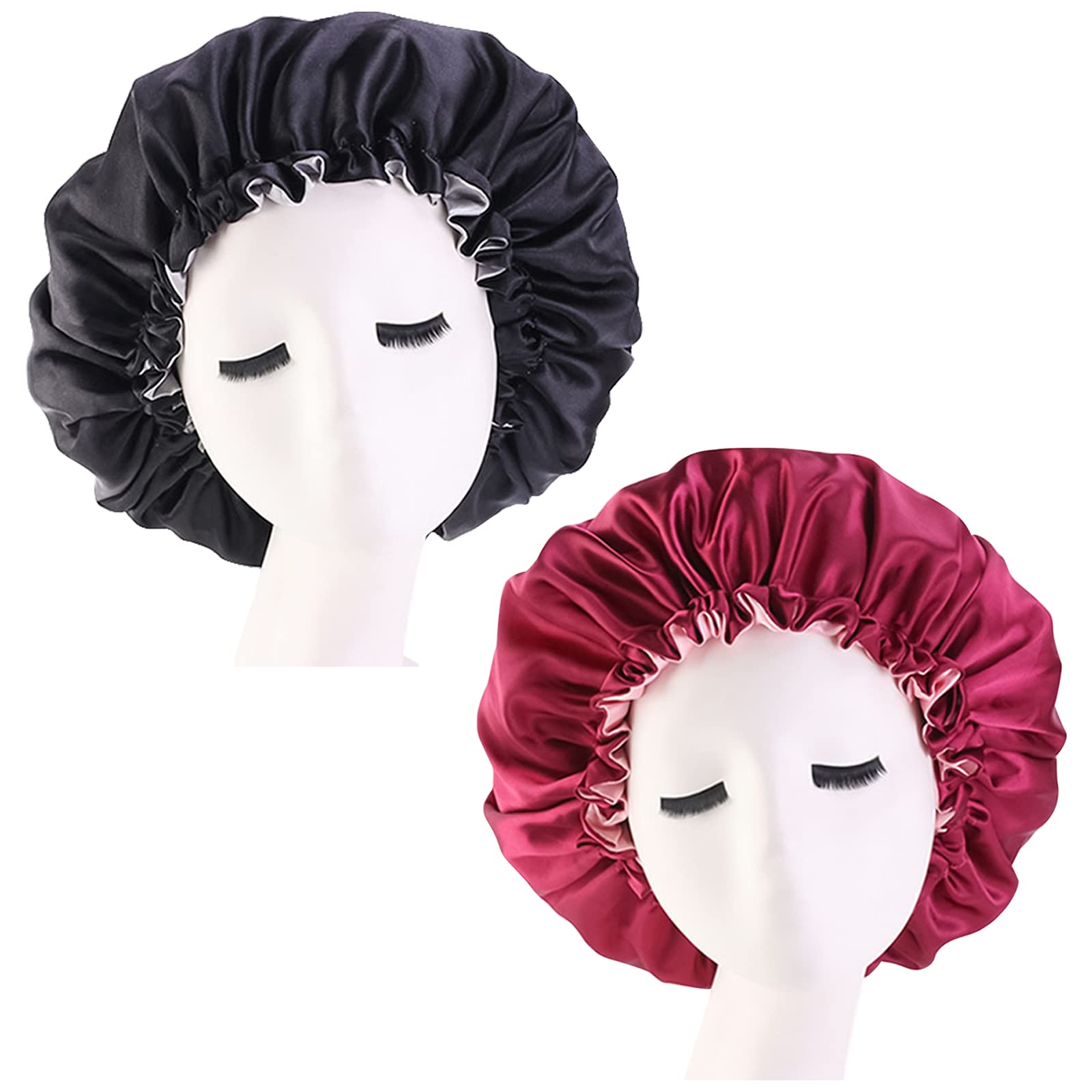 2 Pcs Satin Hair Bonnet Sleep Cap Night Hat Sleeping Head Cover with Elastic Wide Band for Women Girls for Braids Natural Long Hair, Curly Hair (Black & Wine Red)