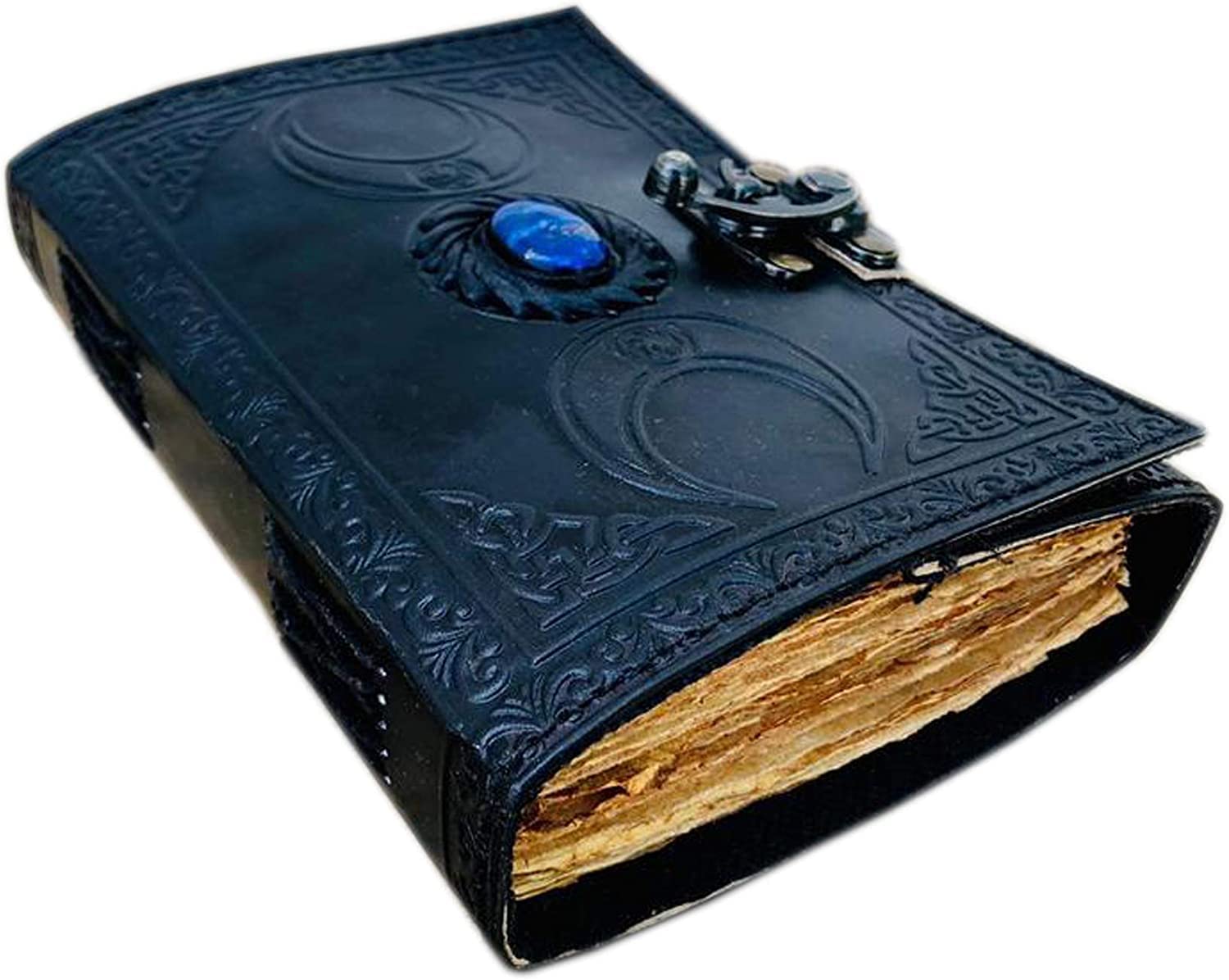 ALCRAFT Handmade Leather journal Lapis Stone Crystal Black Triple Moon - Book Of Shadows, Antique Deckle Edge Paper - Sketchbook, Grimoire, Blank Spell Book, sacred geometry