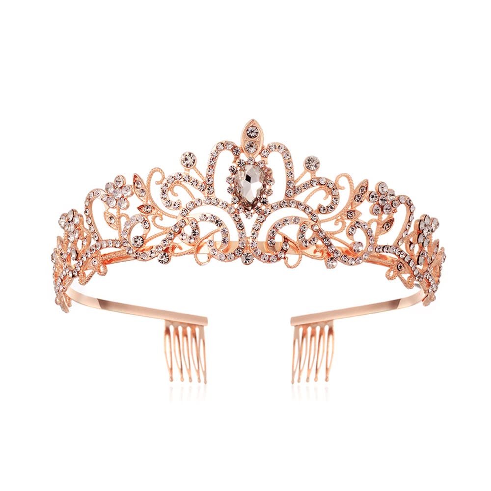 Tiara Crown Crystal Rhinestone Bridal Princess Headband with Comb for Women (Rose Gold)