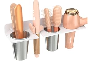 HIIMIEI Hair Tool Organizer Wall Mount, White Acrylic Hot Tool Holder with 2Cups, Bathroom Hair Styling Accessories Storage Organizer for Flat Iron, Blow Dryer, Curling Wand