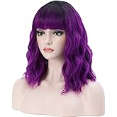 BERON 14 Inches Black Purple Ombre Wig with Bangs Short Curly Purple Wig for Women Daily Party Hairnet Include