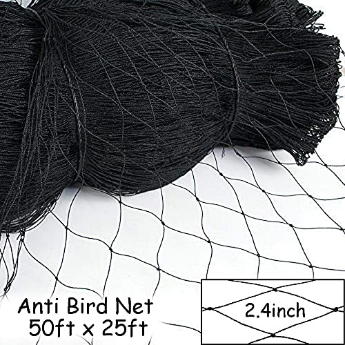 25*50\' Bird Netting with 2.4” Square Mesh, Reusable Bird Netting for Vegetables Fruit Trees Protection, Heavy Duty Garden Netting for Chicken Coop/ Poultry/ Aviary/ Pens (10 Ground Nails + 50 Ties)