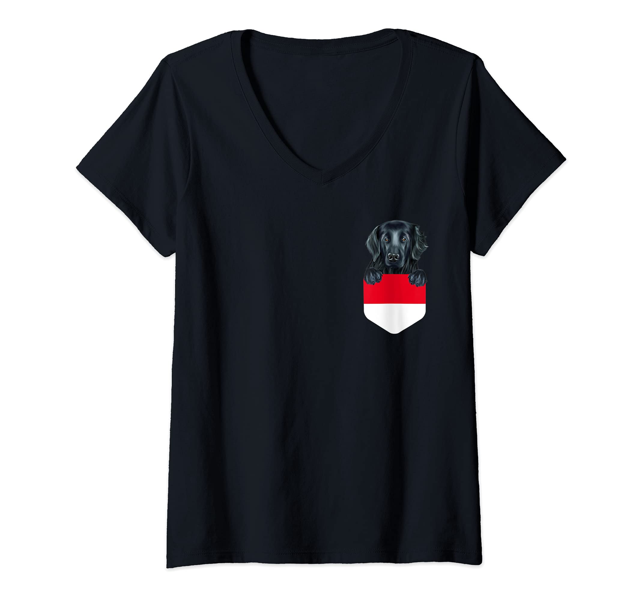 Womens Indonesia Flag Flat-Coated Retriever Dog In Pocket V-Neck T-Shirt