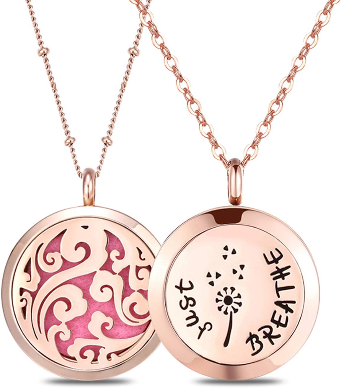 Mesinya 2 Pack 1.18'' Rose Gold Aromatherapy Essential Oil Diffuser Necklace Locket, Stainless Steel Perfume Jewelry Pendant With 2 Chains and 14 Felt Pads Gift Set