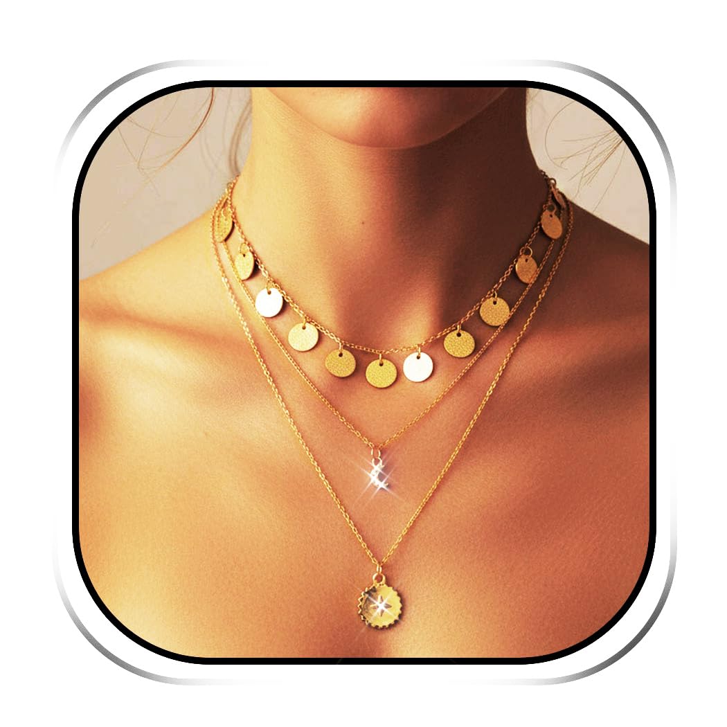 Handcess Boho Multi-layer Necklace Gold Moon Layered Necklaces Chain for Women