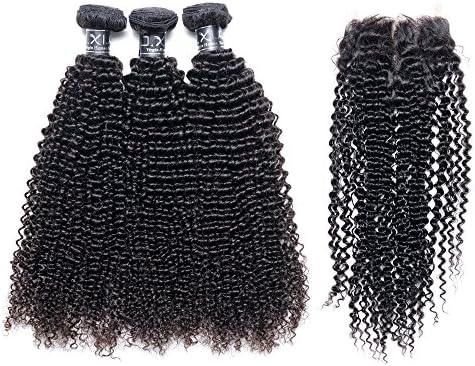 Kinky Curly 8a Indian Virgin Human Hair 3 Bundles with A 4"x4" Free Part Lace Top Closure 16"18"20"with 14"