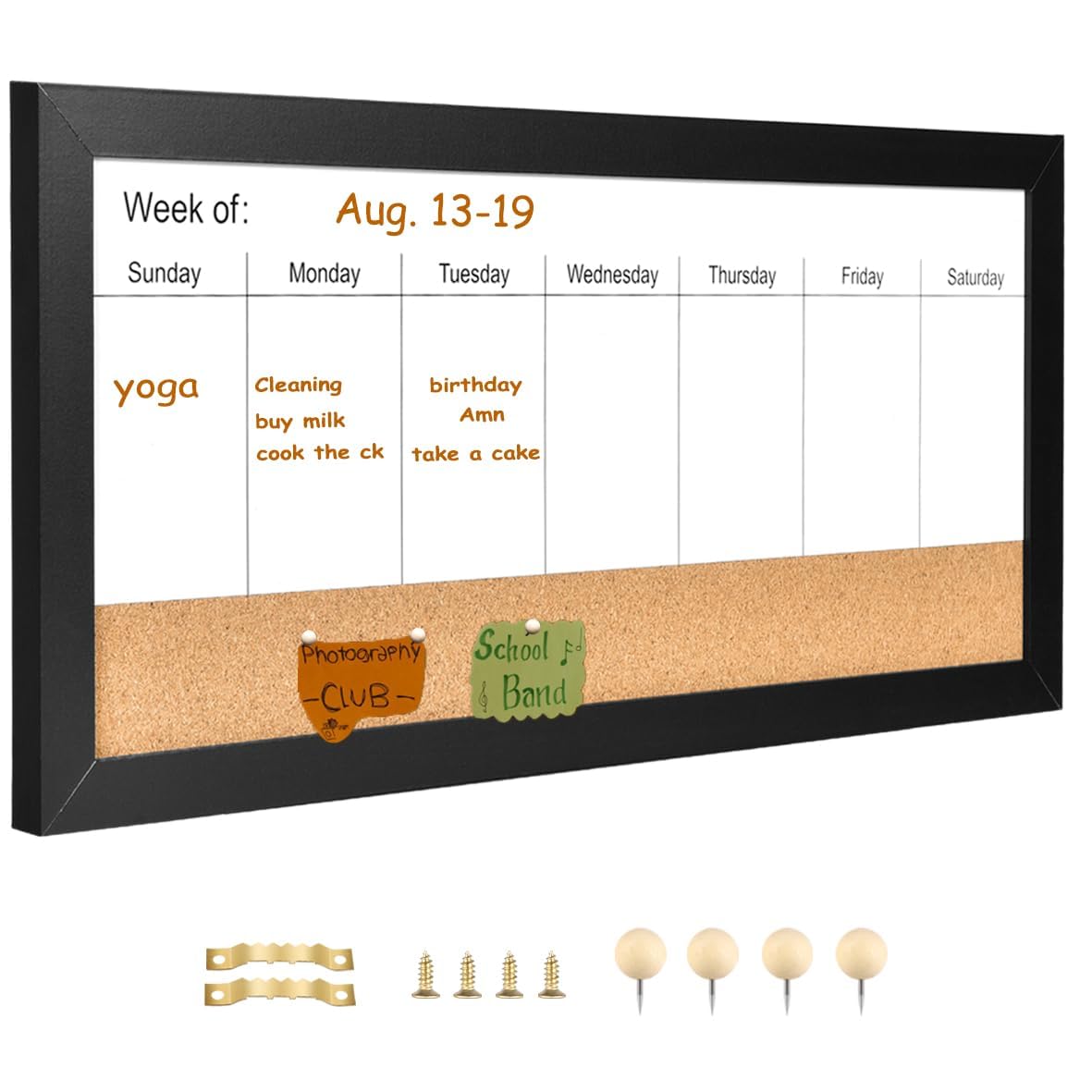 Umtiti Magnetic Weekly Dry Erase White Board and Cork Board, Black Wood Frame，Magnetic Surface Whiteboard for Home Office and Wall Decor(ZHZL-3060BK)