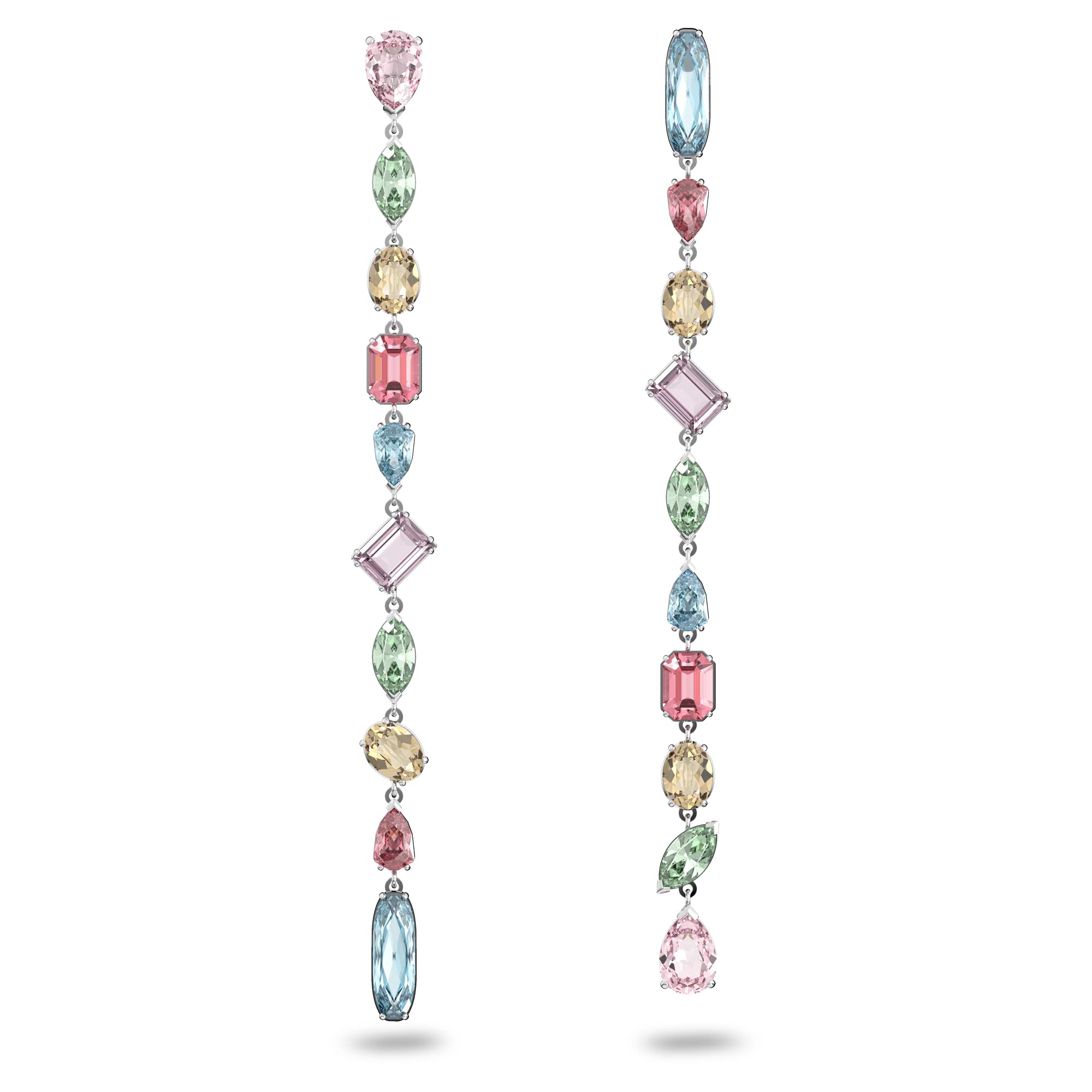 Swarovski Gema drop earrings, Asymmetrical, Multicoloured, Rhodium plated