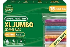 Seal Fresh 5 Gallon Large Plastic Storage Bags – 18" x 24" (15 Count) – Reusuable XXL Extra Large Heavy Duty Clear Jumbo Freezer Zip Bags with Sealable Zipper Top For Clothes, Travel, Moving