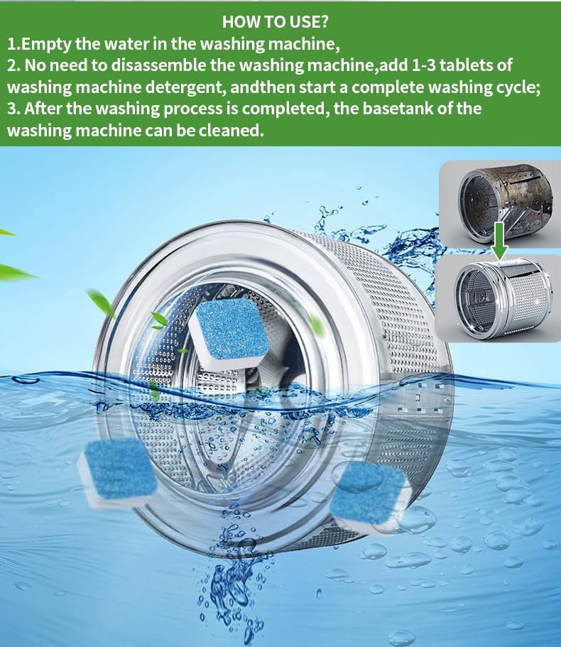 Uniiking® Washing Machine Cleaner Descaler 12 Pack - Deep Cleaning Tablets for HE Front Loader & Top Load Washer, Septic Safe Eco-Friendly Deodorizer, Clean Inside Drum and Laundry Tub Seal